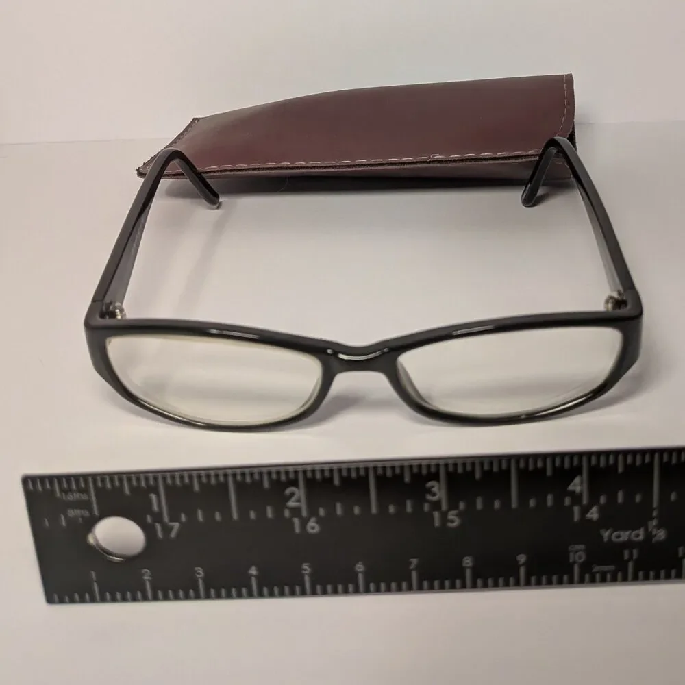 Black Rimmed Rectangle Prescription Glasses unknown script w/ case EUC